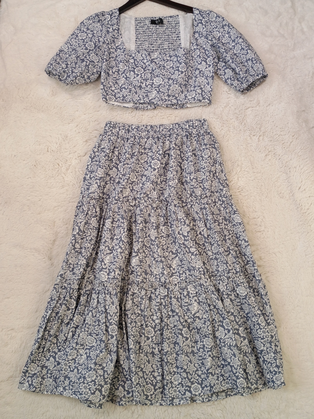Blue and White Floral Tiered Maxi Skirt - Feminine Boho Set Size Large